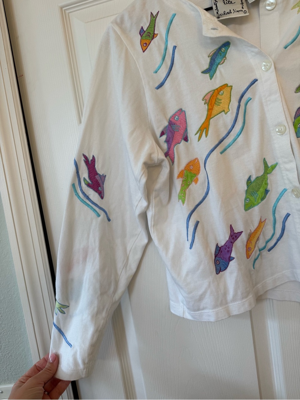 Michael Simon Fish Embroidered Cardigan 100% Cotton Colorful Coastal Sz S - Picture 4 of 9